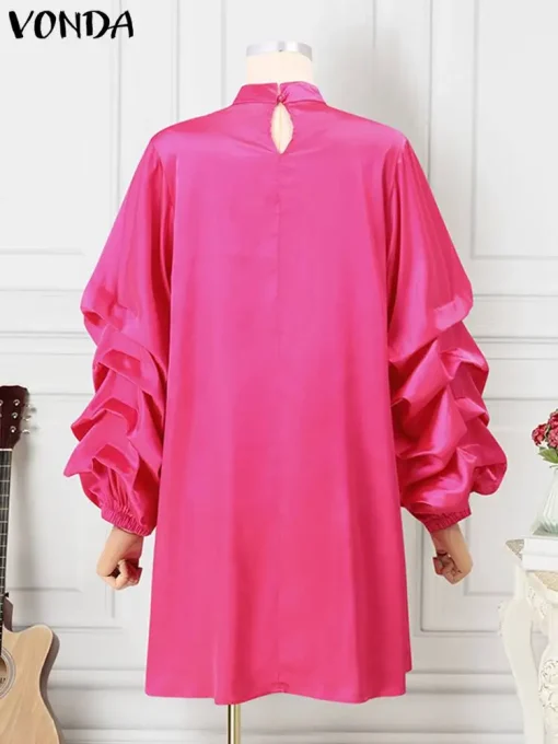 Elegant Satin Ruffled Dress with Long Sleeves and Stand Collar - Image 3