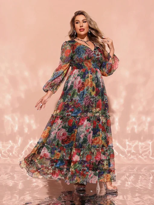 Elegant V-Neck Floral Print Plus Size Maxi Party Dress - Image 6