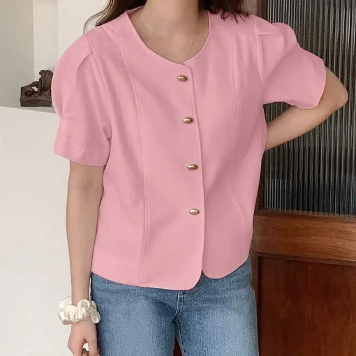 Elegant Summer Short Sleeve Blouse with Button Details - Image 6