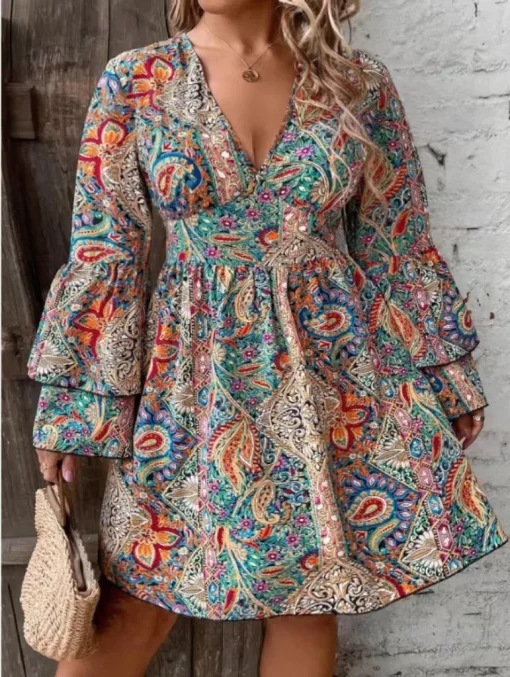 Elegant Plus Size V-Neck Printed Long Sleeve Summer Dress - Image 3