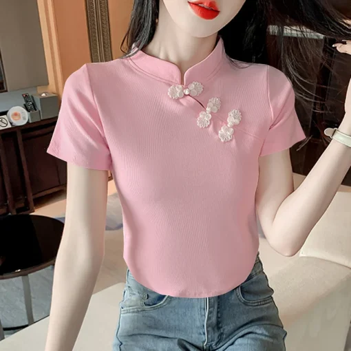 Women’s Chinese Style Half High Collar Summer Blouse - Image 6