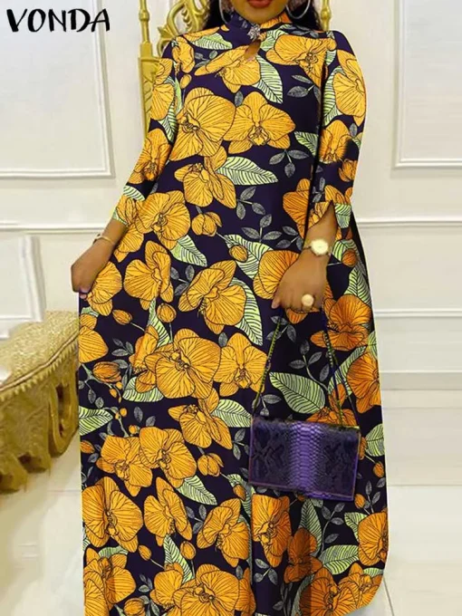 Elegant Floral Printed Maxi Dress, 3/4 Sleeve Sundress - Image 2