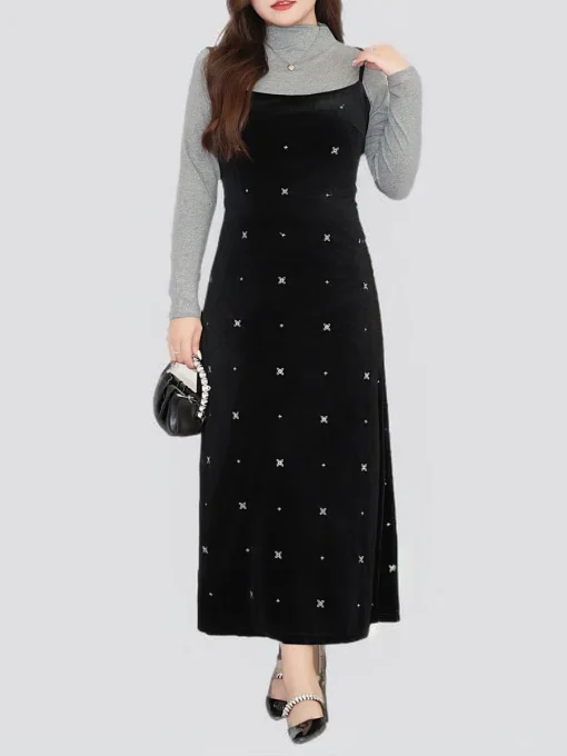 Women's Velour Embroidered A-Line Dress, Plus Size, Winter Style