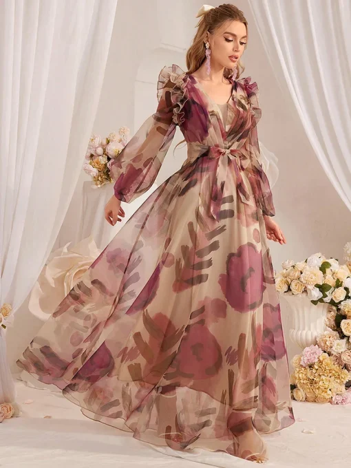 Summer Fashion Floral Printed Lantern Sleeve Ruffled Hem Dress - Image 5