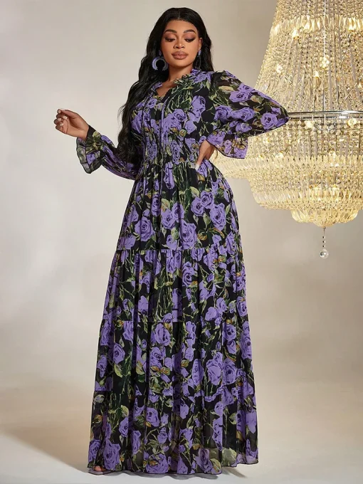 Plus Size Vintage Chiffon Lantern Sleeve Party Dress - Image 4