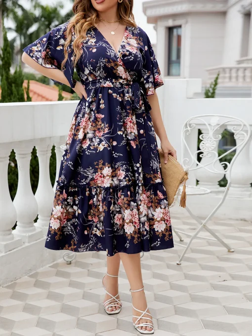 Elegant Plus Size Printed Lace-Up V-Neck Party Dress - Image 5