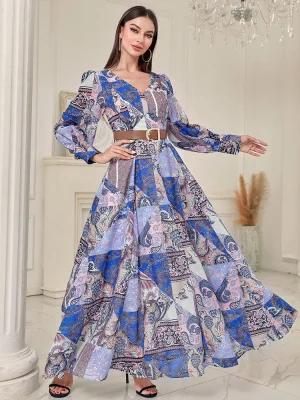 Women's Bohemian Patchwork Lantern Sleeve Belted Dress