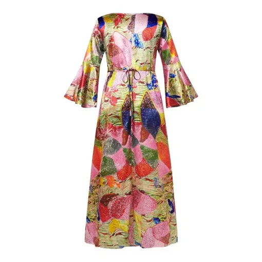 Bohemian Maxi Dress Long Flare Sleeve Printed Casual Sundress - Image 7