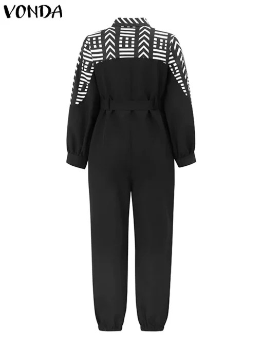 Women Vintage Printed Long Sleeve Belted Jumpsuit - Image 4