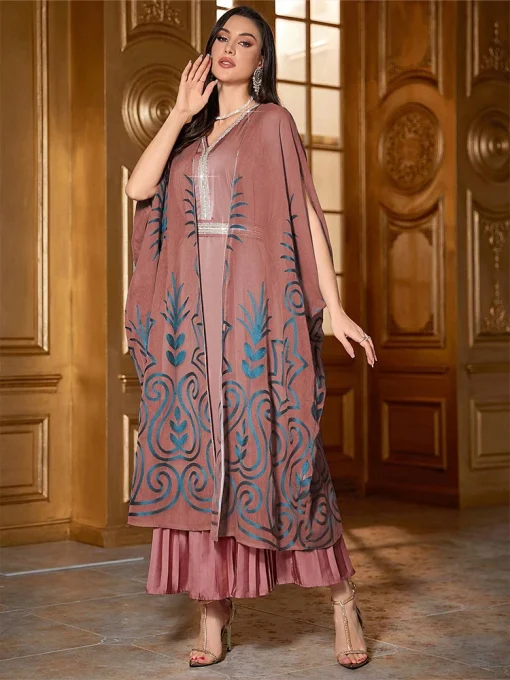 Elegant Pleated Print Two-Piece Ankle-Length Muslim Dress - Image 6