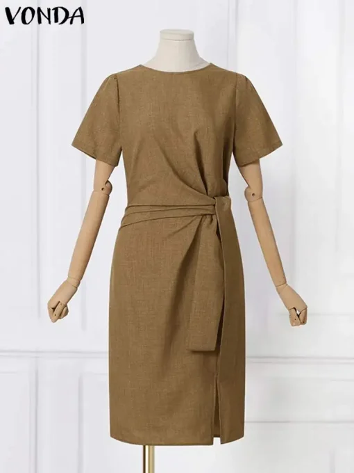 Elegant Midi Shirt Dress with Short Sleeves for Summer - Image 2