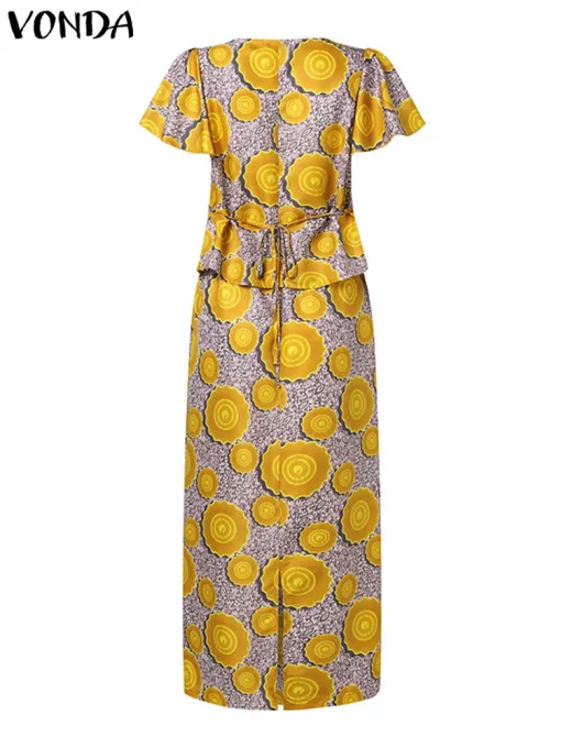 Elegant V-Neck Maxi Dress Set with Printed Skirt - Image 3