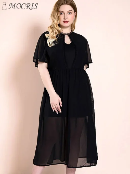 Elegant Plus Size Monochromatic Hollow Out Long Party Dress - Image 3