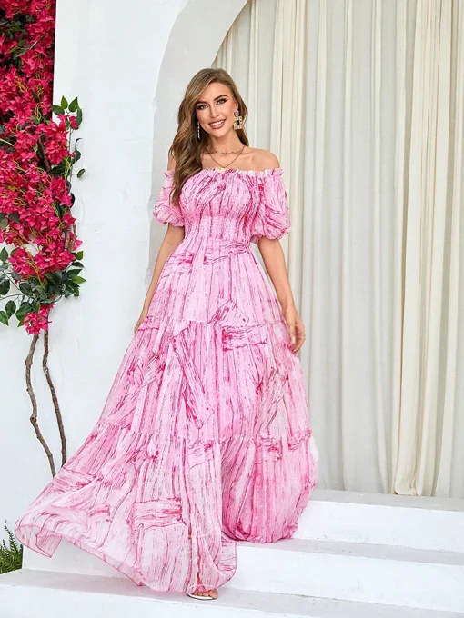 Sexy Pink Off-Shoulder Puff Sleeve Bohemian Maxi Dress - Image 2