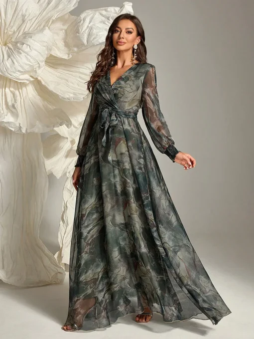 Women's Cross Wrap Floral Print Long Sleeve Maxi Dress - Image 4