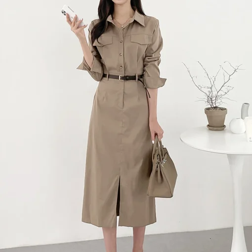 Women Summer Midi Dress Long Sleeve Button Down Sundress - Image 5