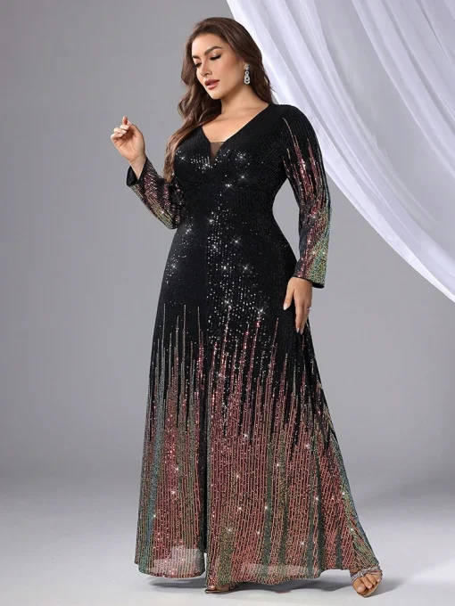 Elegant Plus Size Sequin Bead Long Sleeve Evening Gown - Image 5