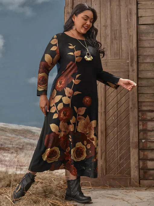 Plus Size Floral Print Long Sleeve Casual Maxi Dress - Image 5