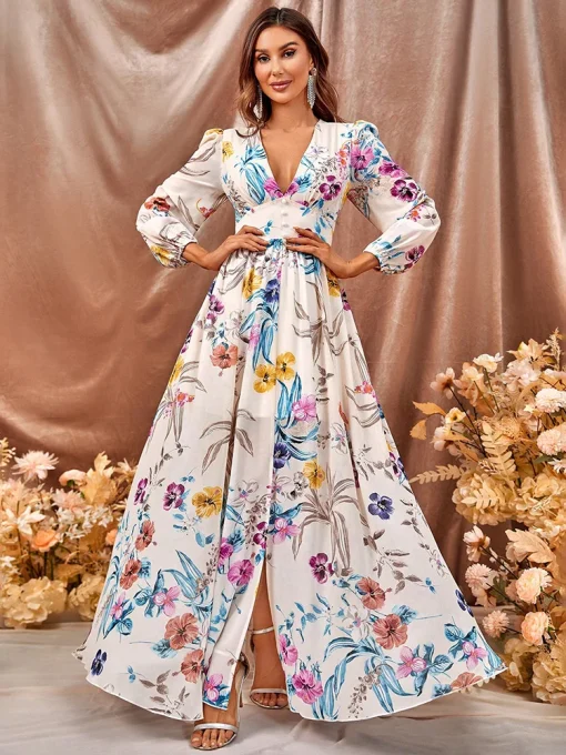 Elegant Floral Long Sleeve Maxi Dress for Spring Parties