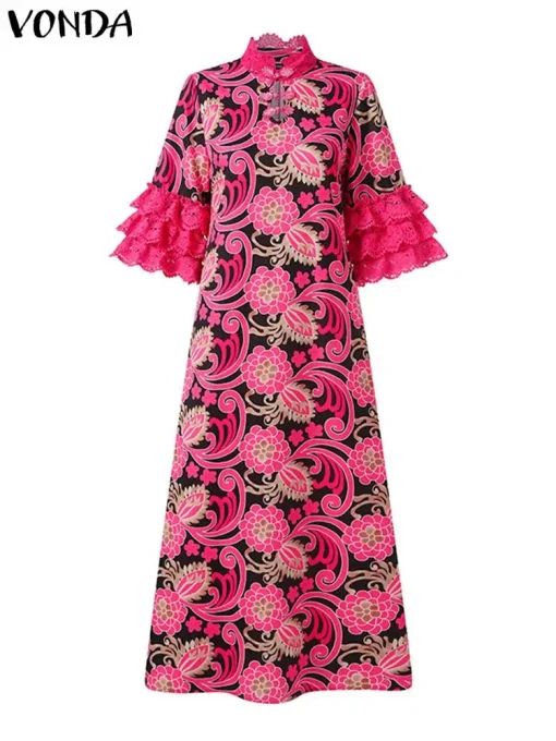 Women’s Bohemian Printed Maxi Dress with 3/4 Flare Sleeves - Image 3