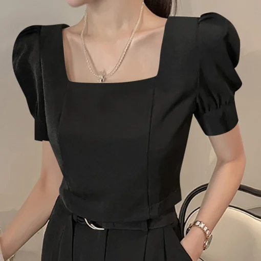 Women’s Sexy Square Collar Short Sleeve Blouse