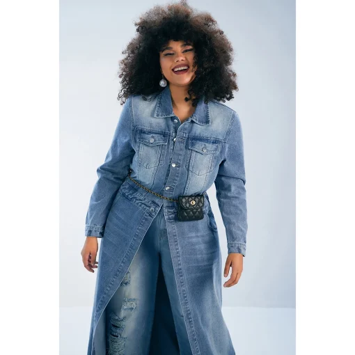 Plus Size Light Blue Ripped Denim Long Coat - Image 6