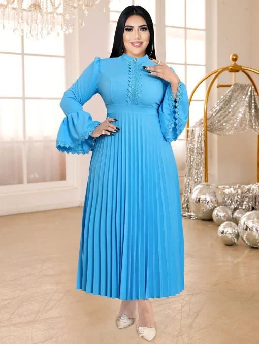 Elegant Blue Maxi Dress with Flare Sleeves for Women