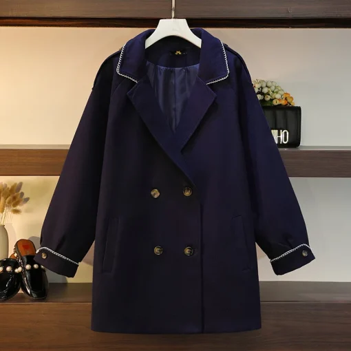 Plus Size Women's Loose Blue Woolen Overcoat - Image 5