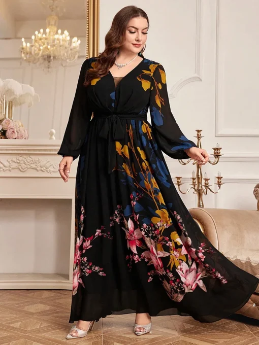 Plus Size Casual Elegant Floral Print Lantern Sleeve Maxi Dress - Image 6