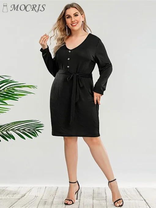 Elegant Plus Size Black V-Neck Belted Summer Dress - Image 4