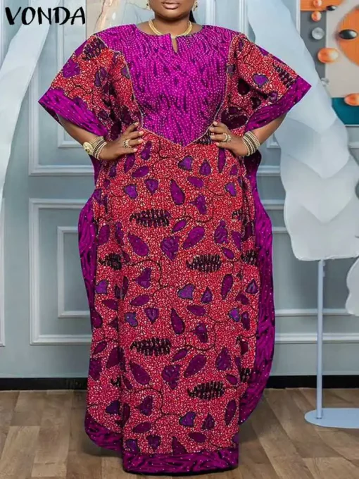 Plus Size Printed Maxi Dress with Short Sleeves - Image 2