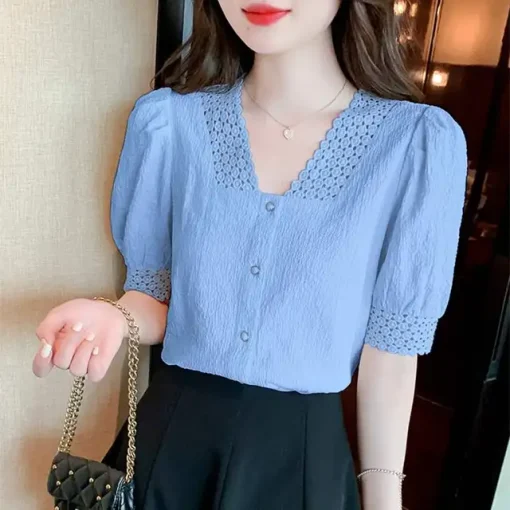 Women's Lace V-Neck Short Puff Sleeve Top - Image 7