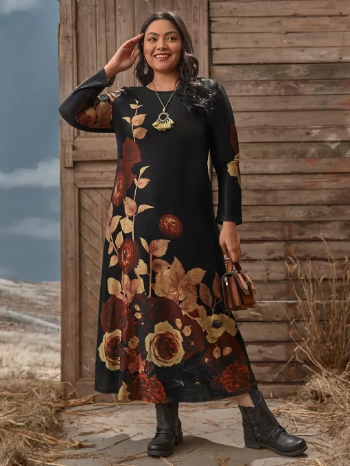 Plus Size Floral Print Long Sleeve Casual Maxi Dress