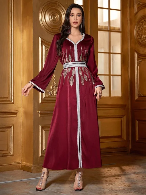 Women’s V-Neck Embroidered Floor-Length Muslim Dress - Image 3