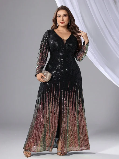 Elegant Plus Size Sequin Bead Long Sleeve Evening Gown - Image 6