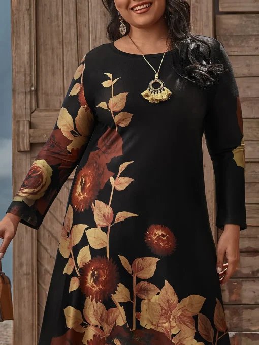 Plus Size Floral Print Long Sleeve Casual Maxi Dress - Image 4