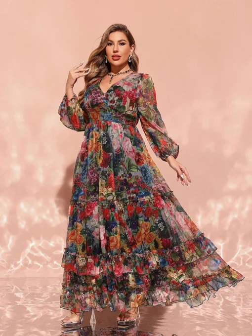 Elegant V-Neck Floral Print Plus Size Maxi Party Dress - Image 5