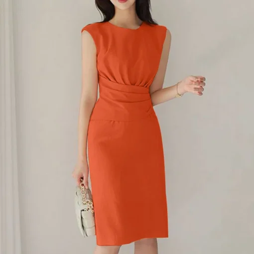 Elegant Sleeveless Office Dress, Solid Color Long Sundress