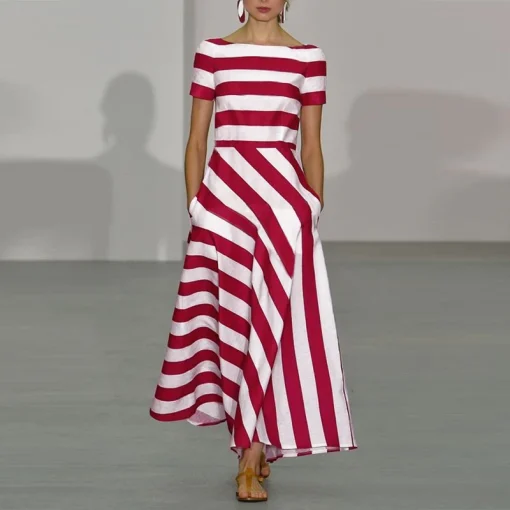 Women’s Sexy Off Shoulder Stripe Maxi Dress Bohemian Sundress - Image 5