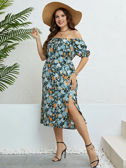 Elegant Plus Size One Shoulder Floral Split Party Dress - Image 4