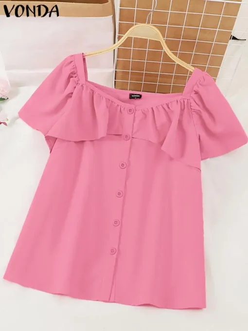 Elegant Women Square Collar Ruffled Summer Blouse - Image 2