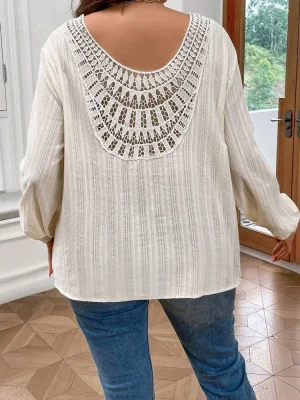 Plus Size Elegant Lantern Sleeve Hollow-Out Shoulder T-Shirt