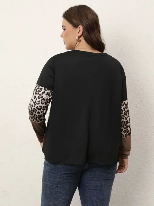 Plus Size Long Sleeve Pleated Leopard Print Blouse