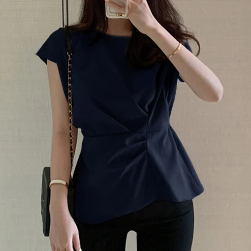 Women Elegant Short Sleeve Solid Color Bohemian Blouse