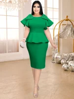 Modest Plus Size Midi Dress with Bow and Beading Detail