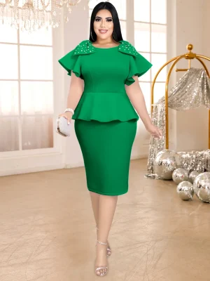 Modest Plus Size Midi Dress with Bow and Beading Detail