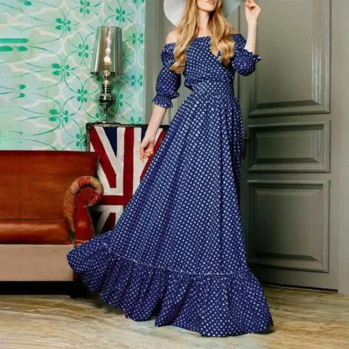 Bohemian Off-Shoulder Polka Dot Maxi Dress - Image 5