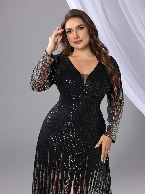 Elegant Plus Size Sequin Bead Long Sleeve Evening Gown - Image 3