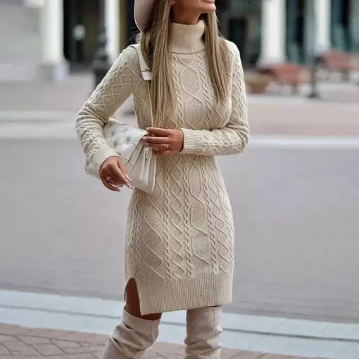 Solid Split Twist Turtleneck Sweater Dress for Women