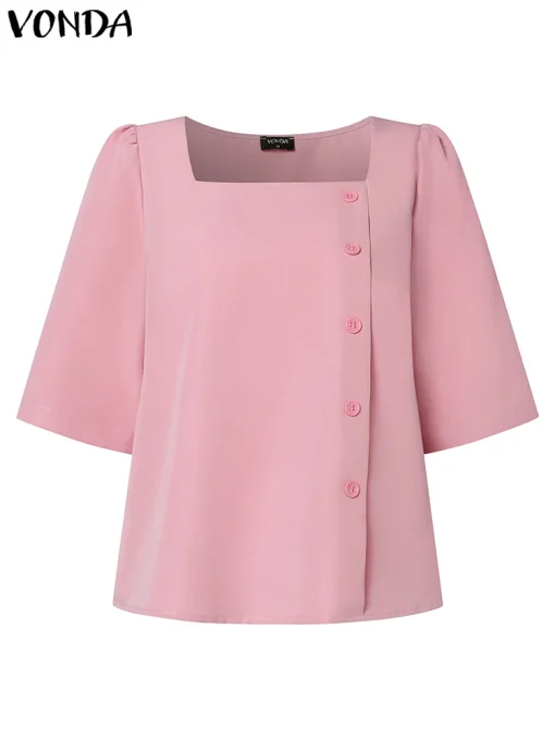 Women’s Summer Tunic Square Collar Puff Sleeve Blouse - Image 2